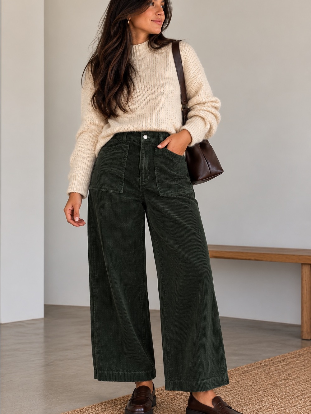 F21 Wide-Leg Corduroy Pants in Dark Green